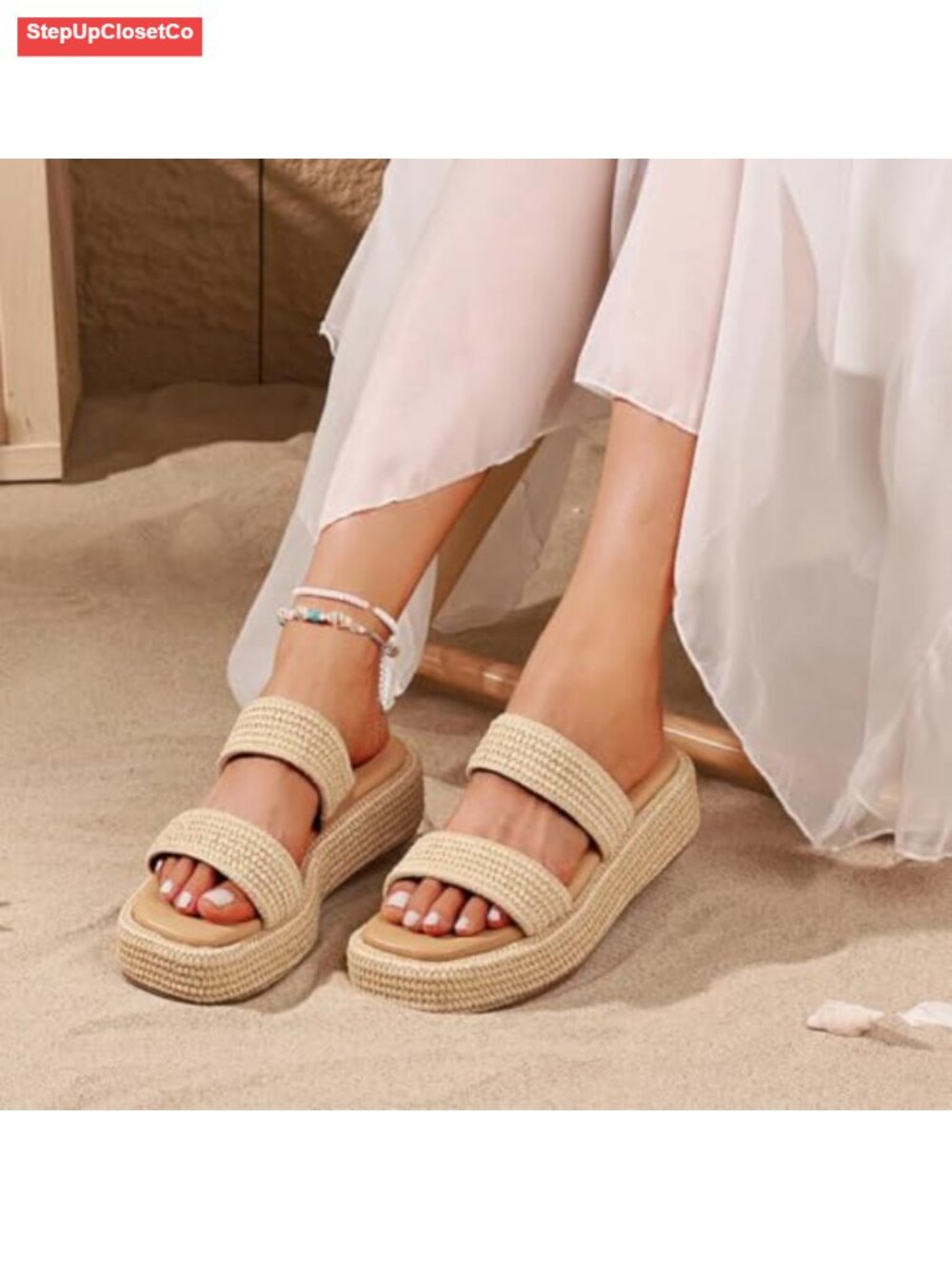 Woven Espadrille Platform Sandals Wedge Slip On Summer Beach Raffia Comfort - Picture 3 of 6